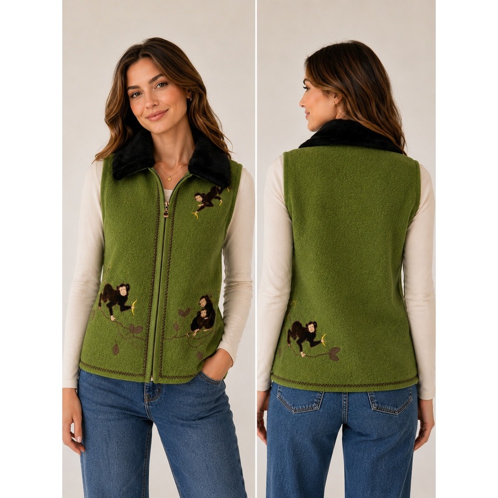 Vintage 90s Boiled Wool Zip Vest Womens Small Green Monkeys Faux Fur Unique
